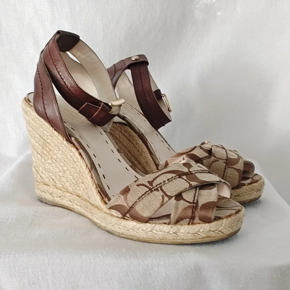 Coach Espadrille Wedge Sandals Brown Monogram Canvas Ankle Strap 2000s 39 8.5